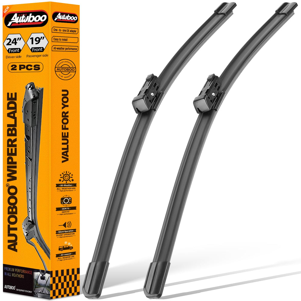 AUTOBOO front packaging showing pair of blades, clear OEM-style replacement benefit