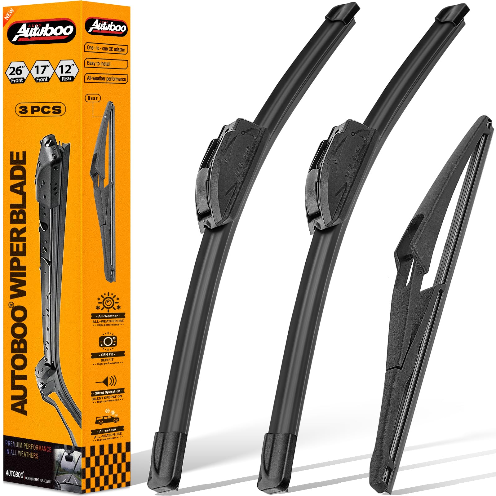 AUTOBOO packaging for QX60 wiper blades showing full 3-blade kit and fit benefits