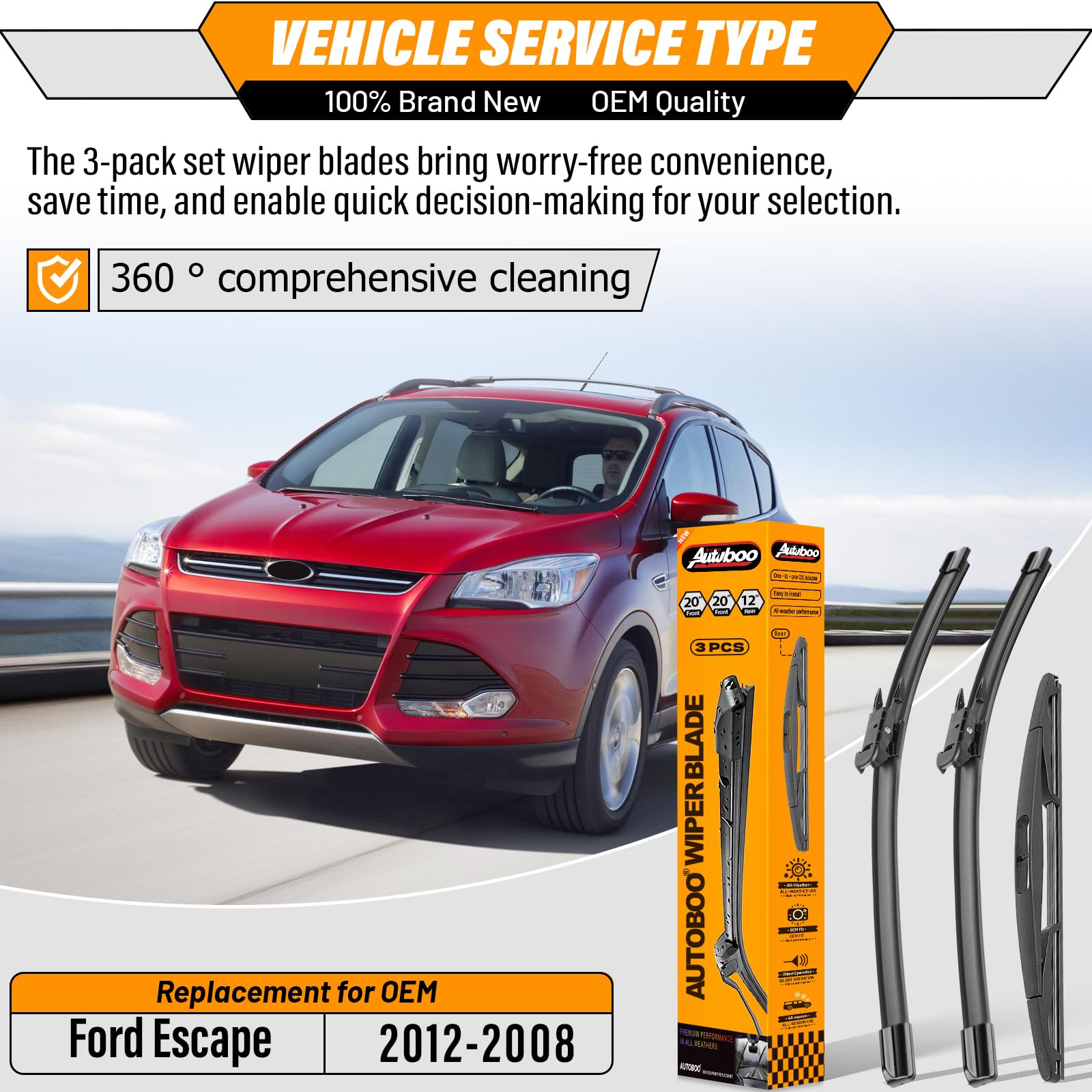 AUTOBOO rear 12-inch blade packaging highlighting correct fit and convenience