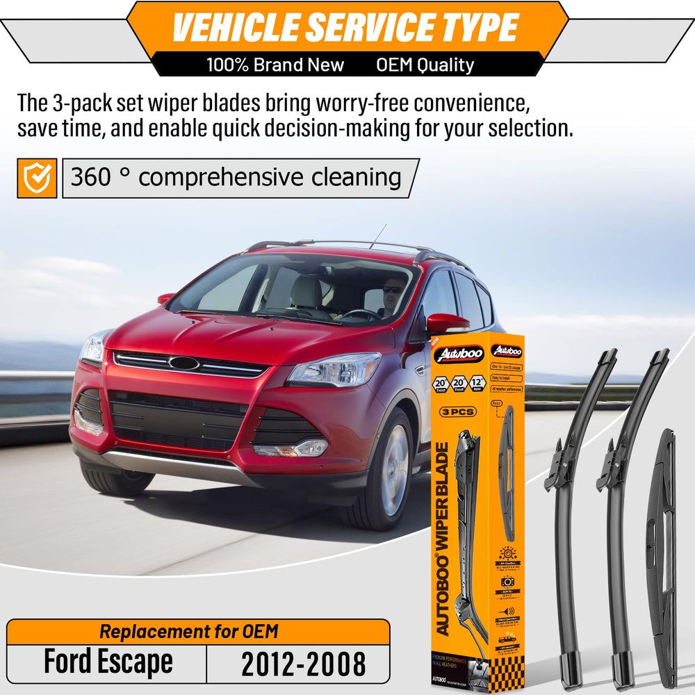 AUTOBOO rear 12-inch blade packaging highlighting correct fit and convenience