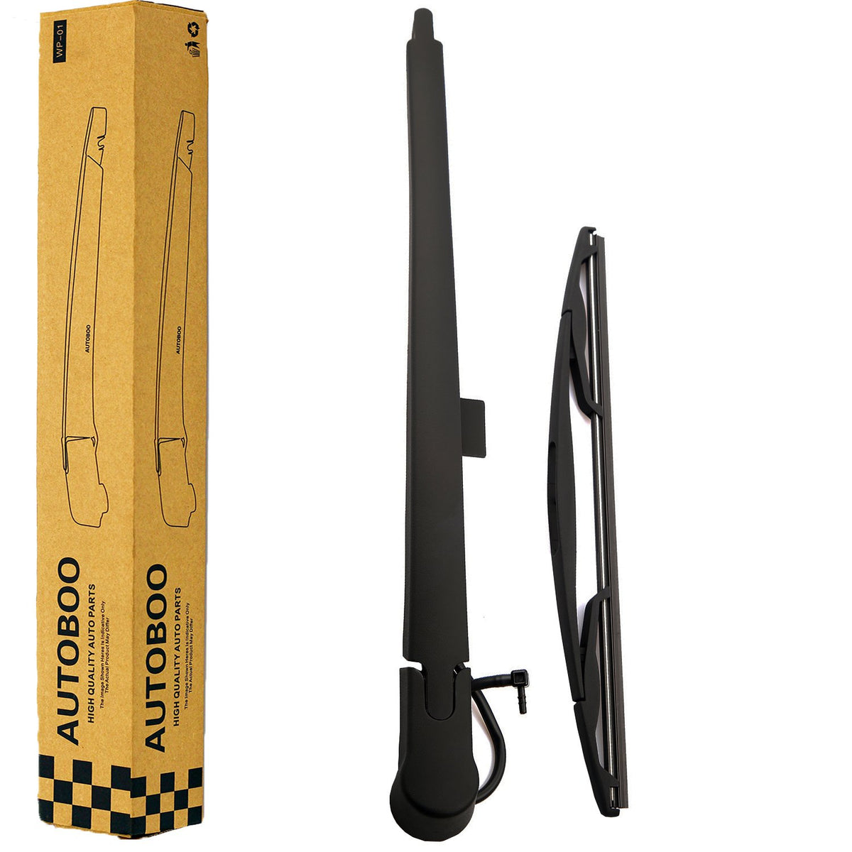 AUTOBOO front packaging showing arm and blade kit, clear compatibility benefit