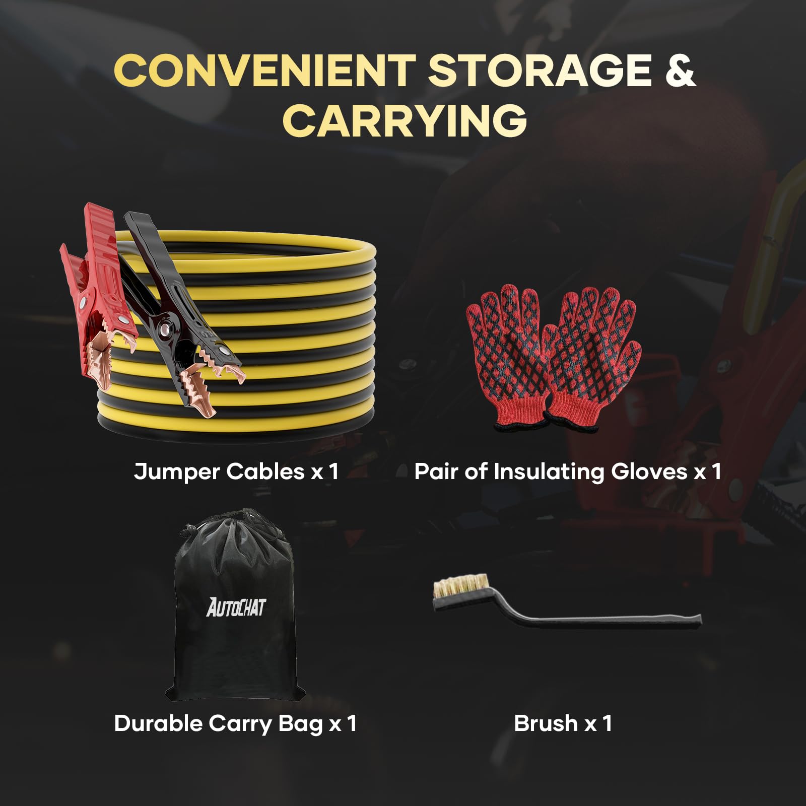 AutoChat carry bag open with cables, gloves and brush for organized storage