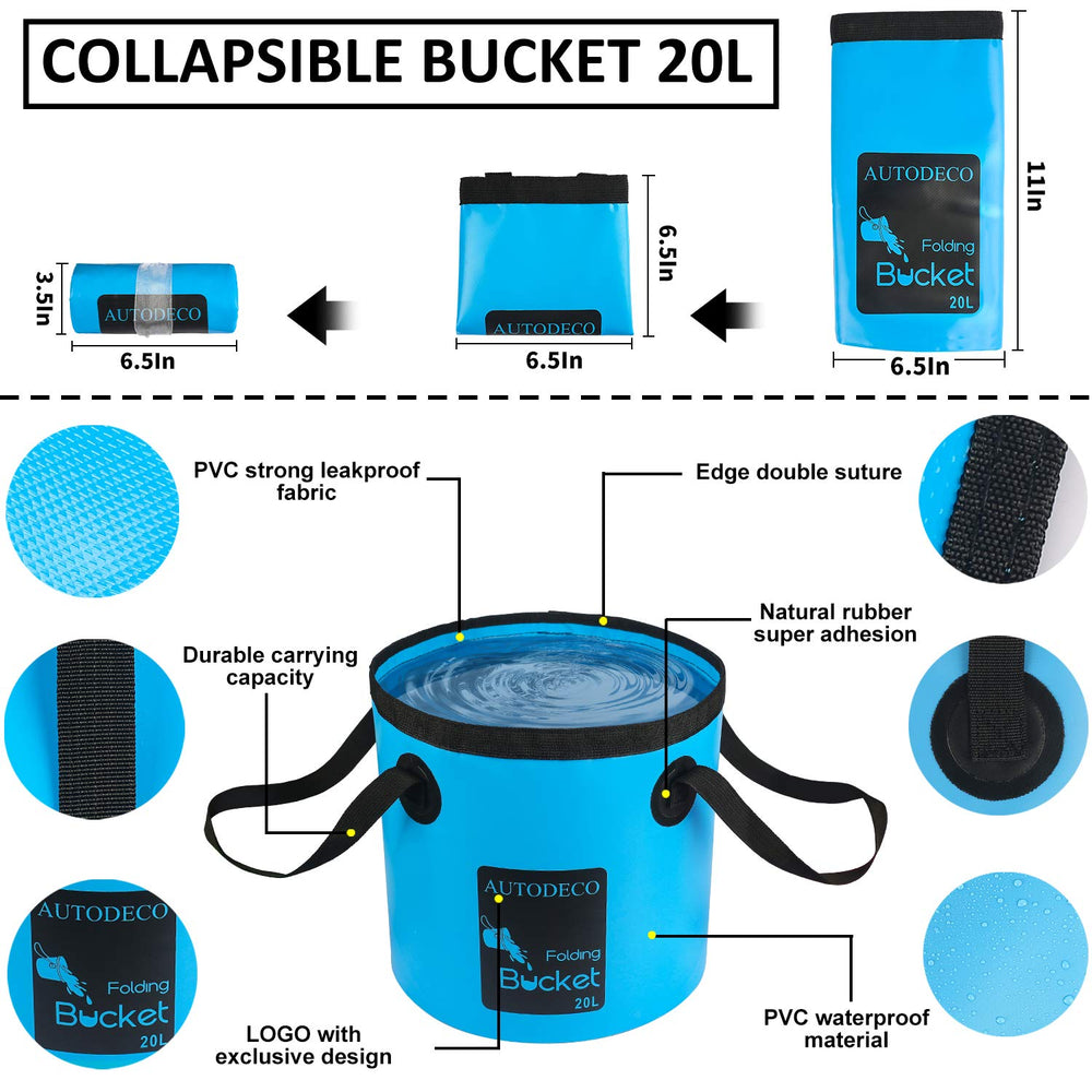 AUTODECO collapsible bucket with wash mitt showing easy transport and gentle wash benefit