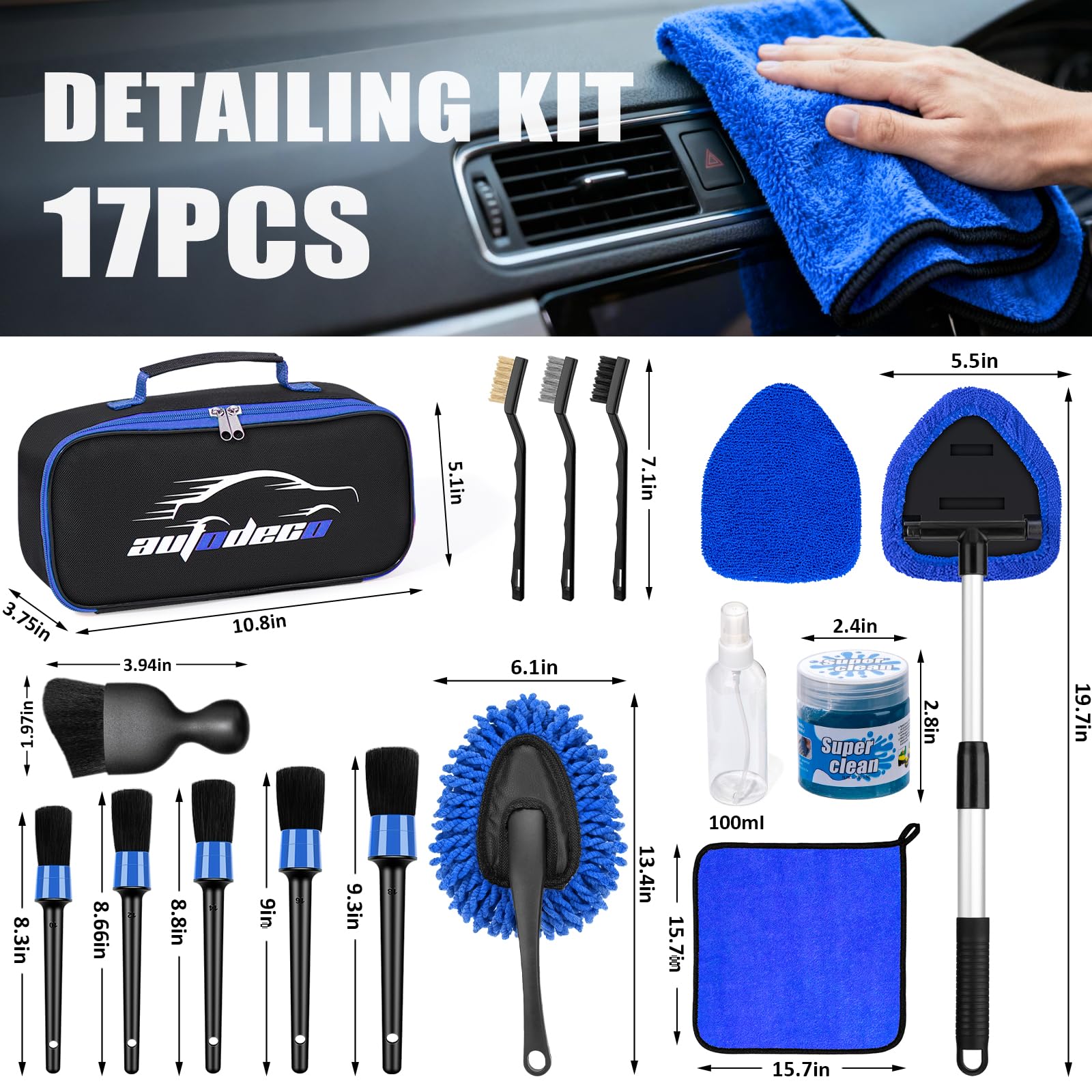 AUTODECO cleaning tools used inside a vehicle to restore dashboard and glass shine