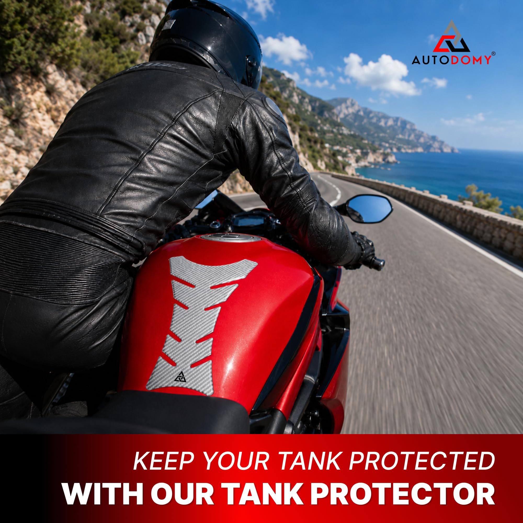Autodomy protector applied on black motorcycle tank preserving original finish