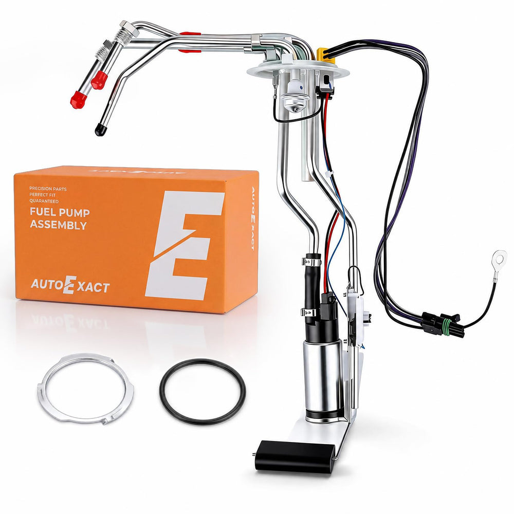 AutoExact front view of fuel pump assembly showing mounting points and connectors for easy fit