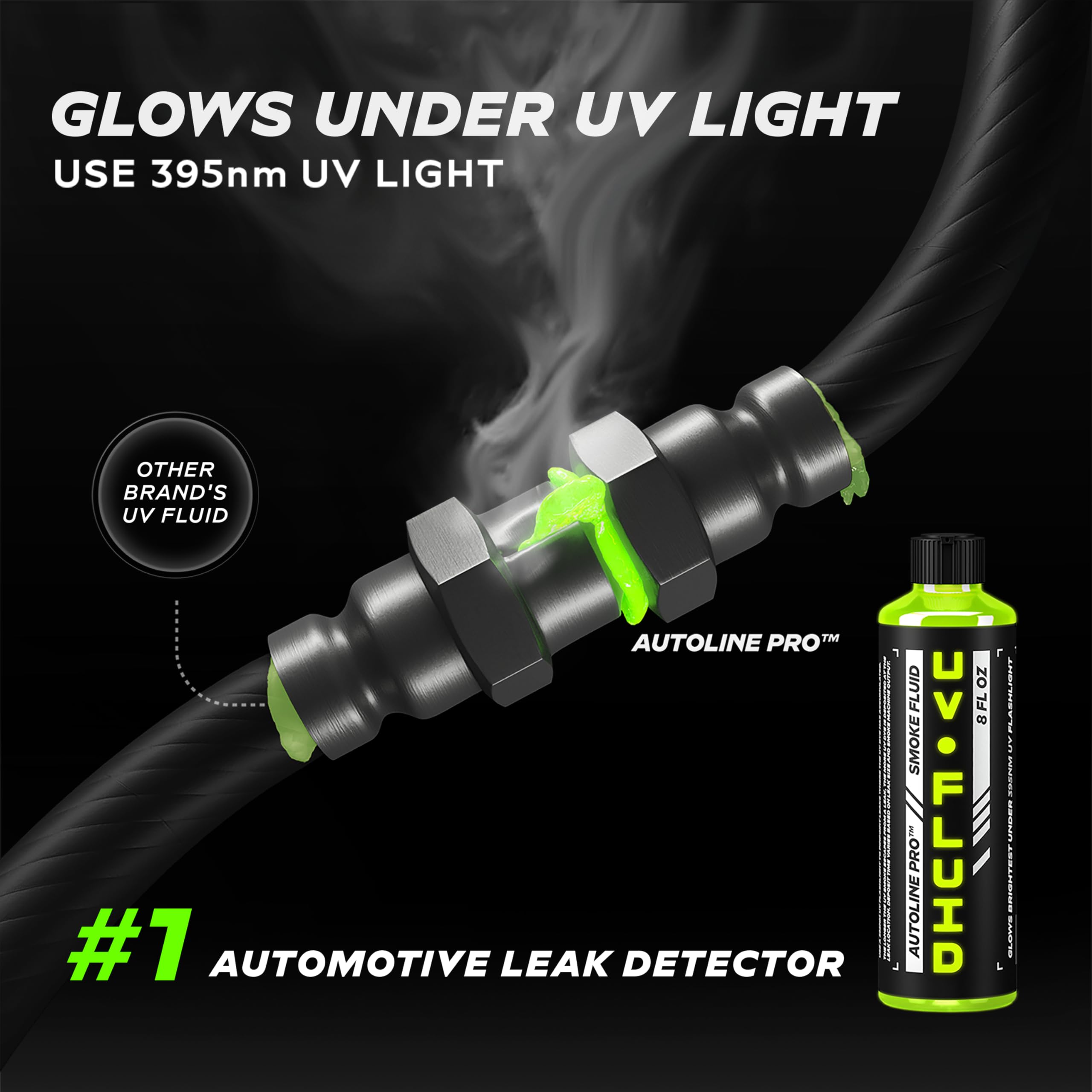 AutoLine Pro UV glow smoke close-up highlighting bright fluorescence under UV