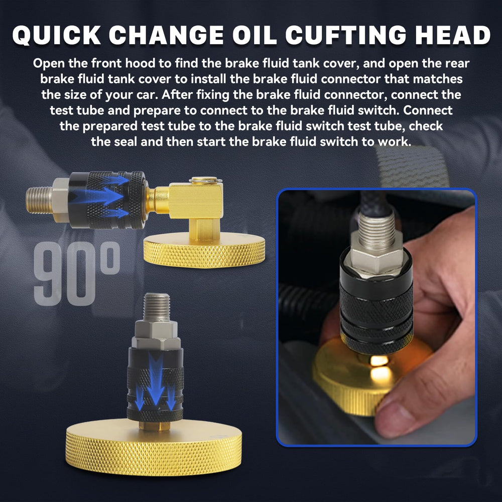AUTOOL adapter attached to a master cylinder, secure connection reduces fluid spills