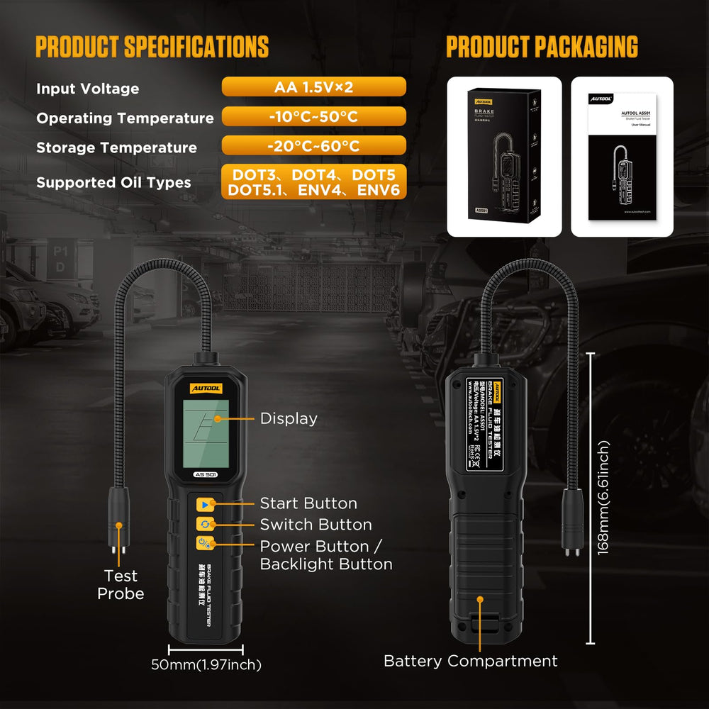 AUTOOL AS501 retail packaging with manual illustrating included support