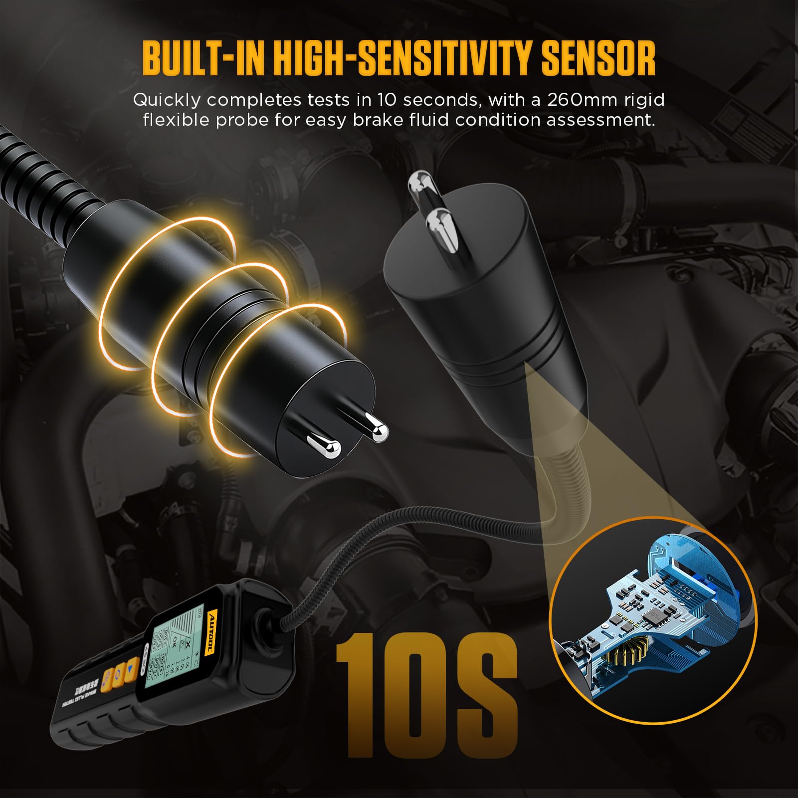 AUTOOL AS501 probing a motorcycle brake reservoir for on-vehicle testing