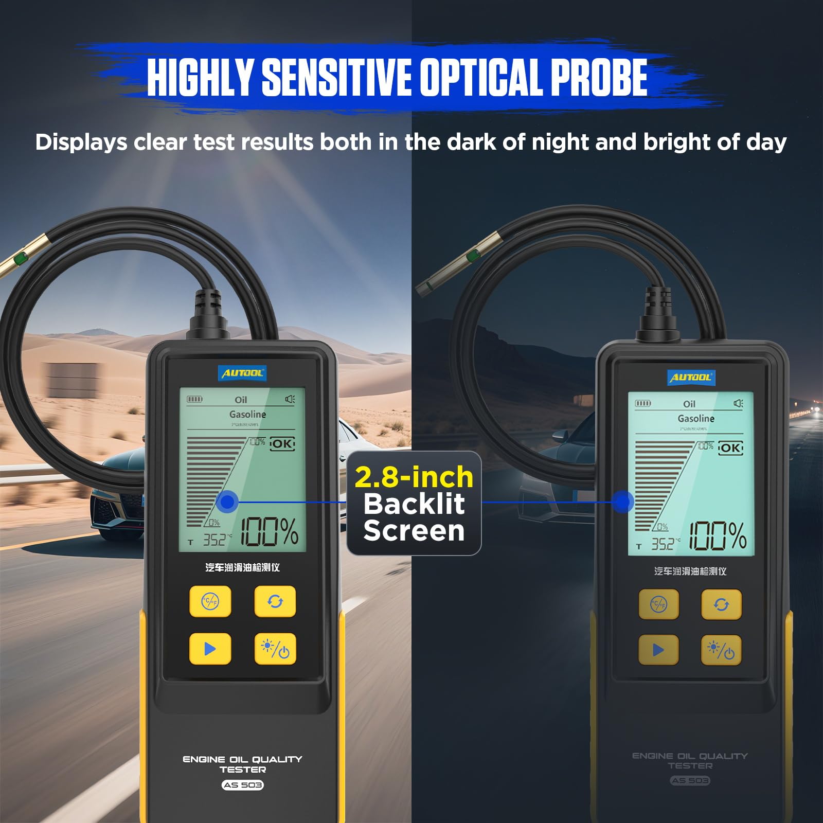AUTOOL screen with temperature readout ensuring safe testing below 60°C