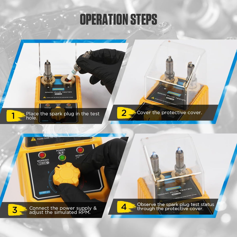 AUTOOL tester plugged into spark plug on workbench for quick diagnostics