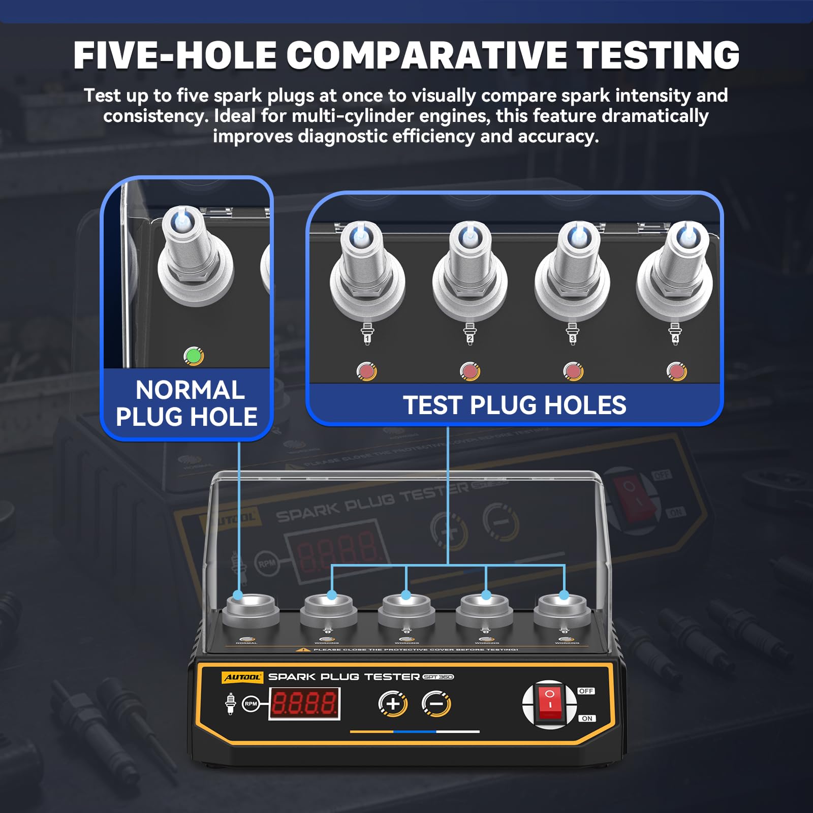 AUTOOL SPT360 five plug bays overhead view enabling fast multi-cylinder comparison