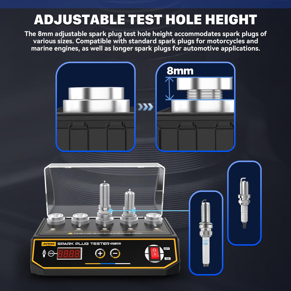 AUTOOL SPT360 height adjustment detail showing 8mm range for plug versatility