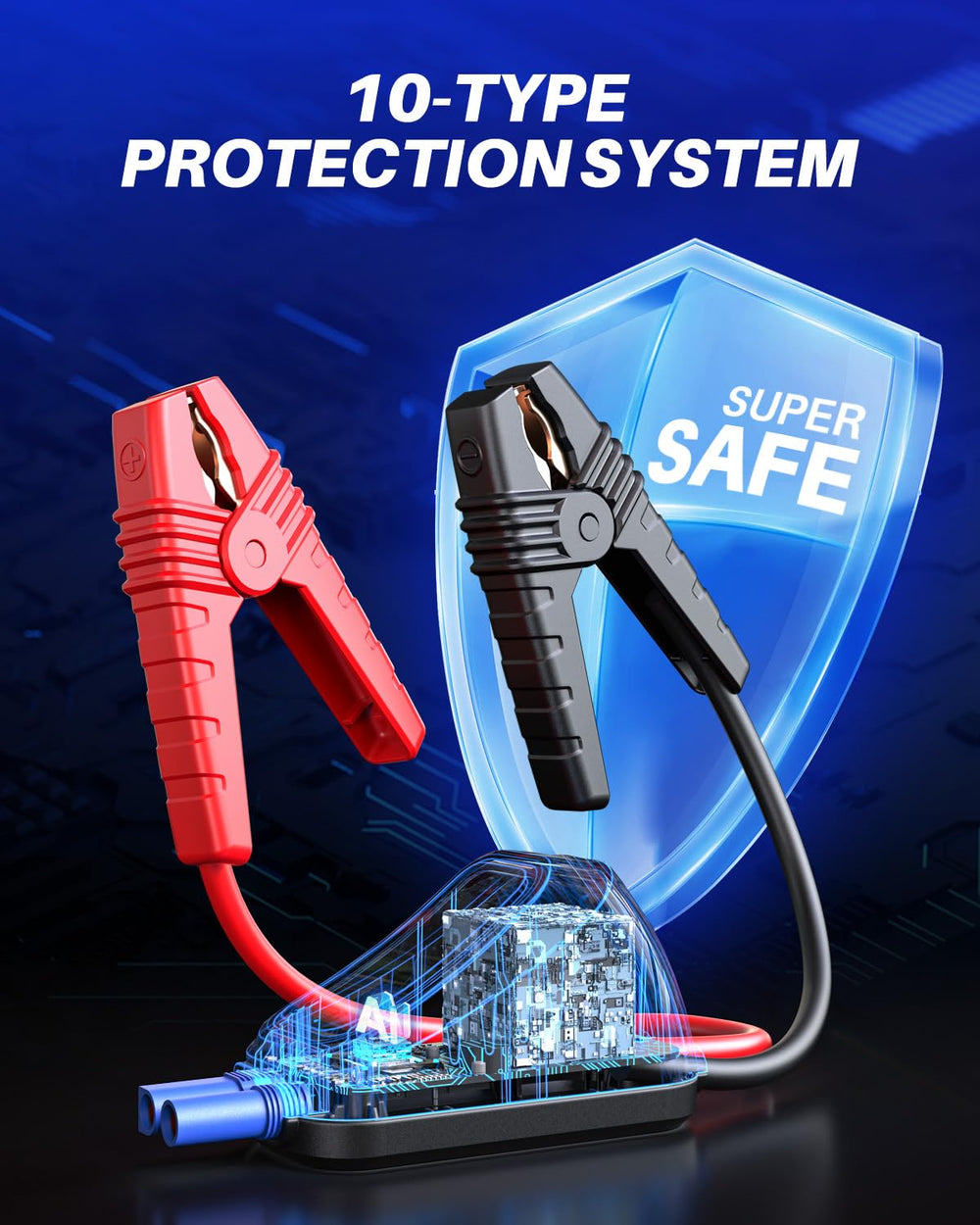 AUTOONE clamps attached to car battery demonstrating reliable engine start