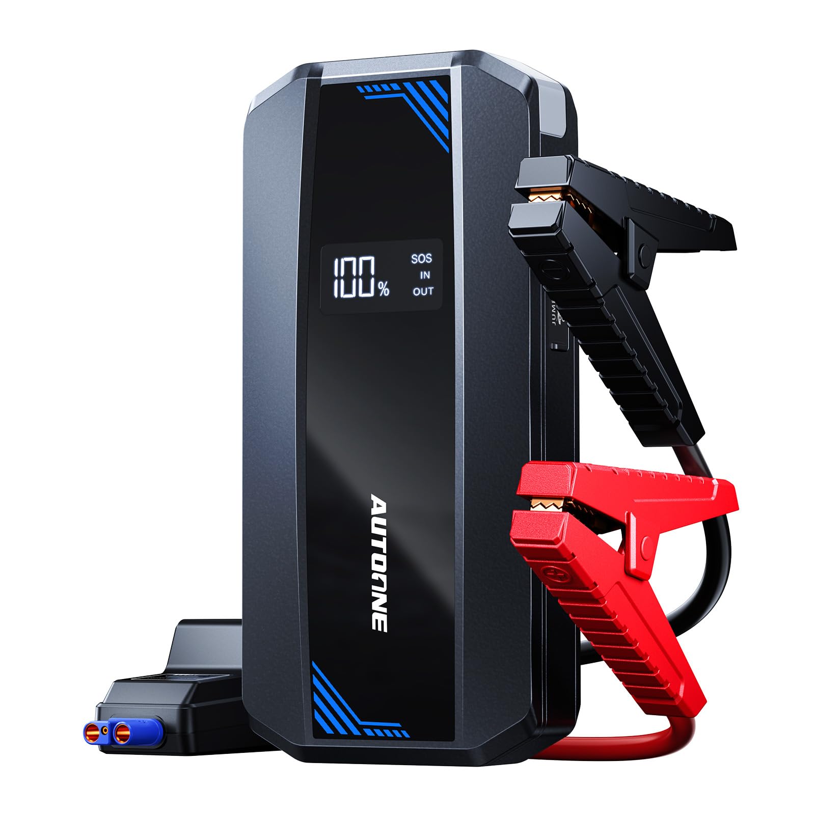 AUTOONE front packaging showing compact jump starter and accessories for reliable starts