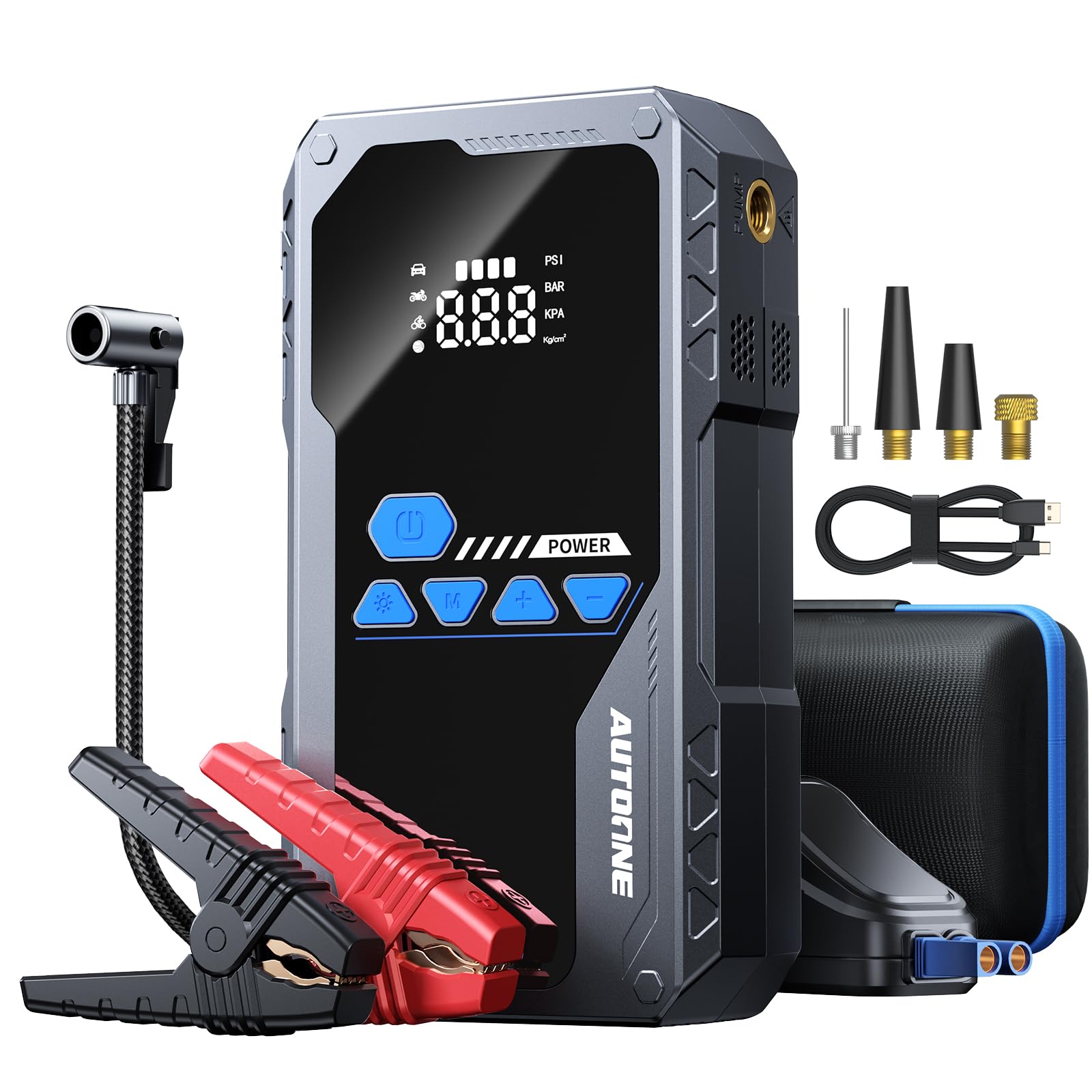 AUTOONE front view showing jump starter and carry case for easy transport
