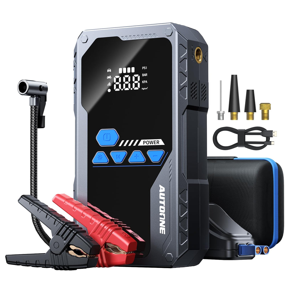 AUTOONE front view showing jump starter and carry case for easy transport