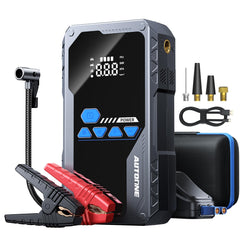 AUTOONE front view showing jump starter and carry case for easy transport