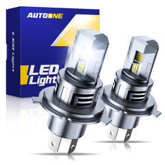 AUTOONE H4 front view pair showing plug-and-play fit and bright white output
