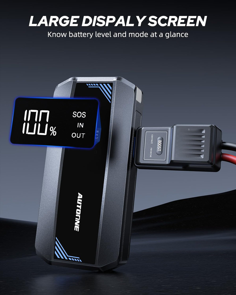 AUTOONE connected to car battery in trunk for quick roadside restart assistance