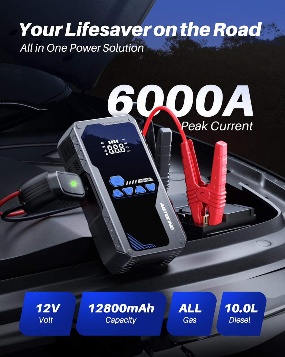 AUTOONE smart jump cables connected to battery providing safe starts