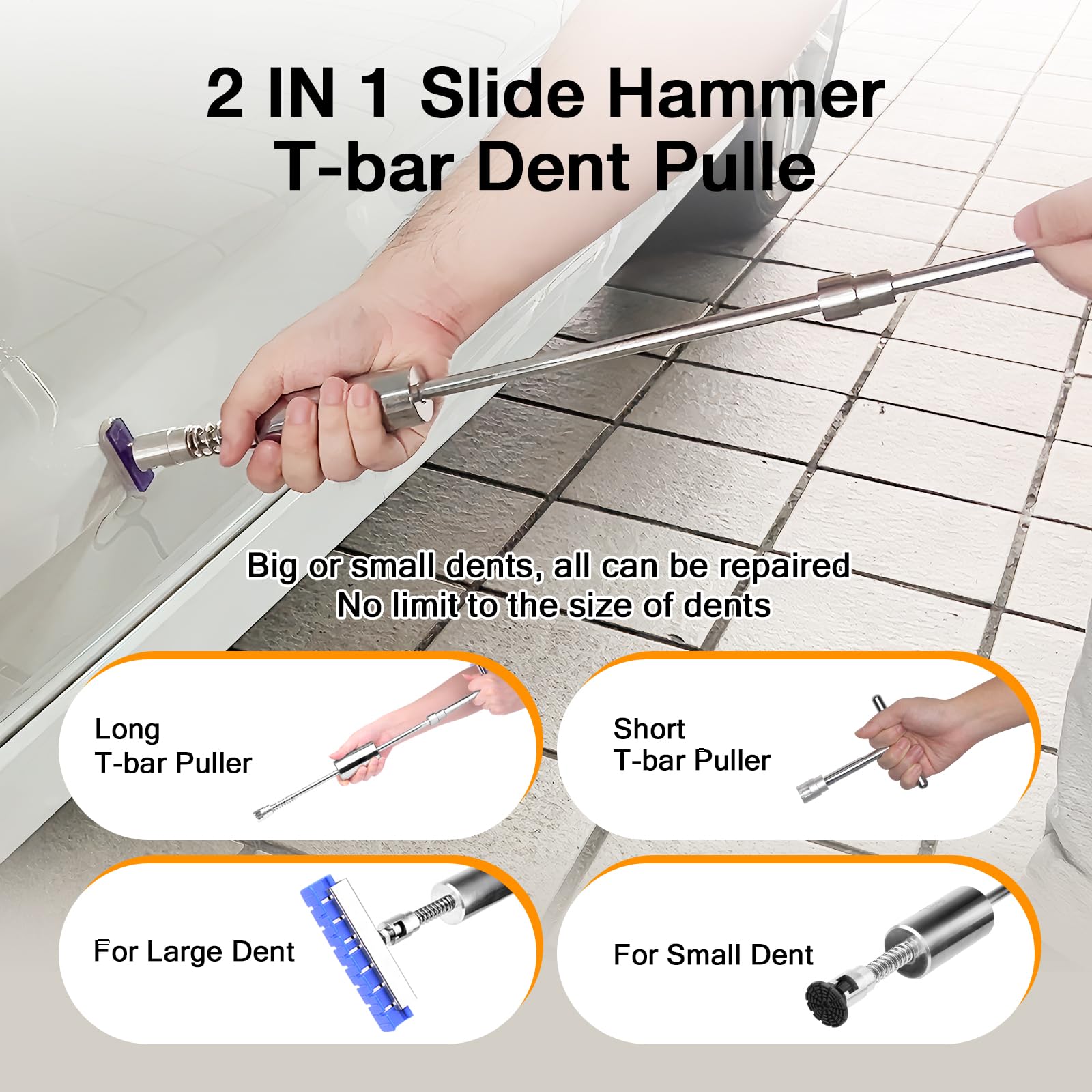 AUTOPDR T-bar slide hammer in use applying controlled leverage to restore metal