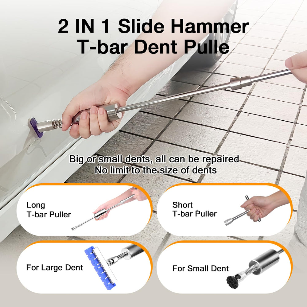 AUTOPDR T-bar slide hammer in use applying controlled leverage to restore metal