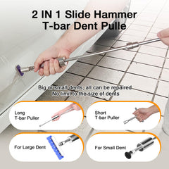 AUTOPDR T-bar slide hammer in use applying controlled leverage to restore metal