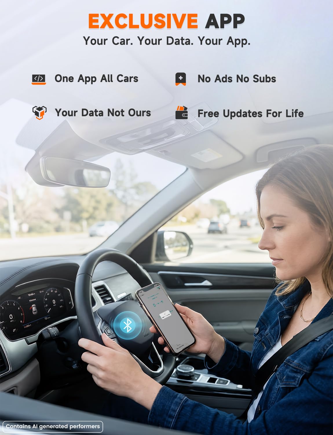 Driver using AUTOPHIX 3210 in garage on smartphone for DIY repairs and confident troubleshooting