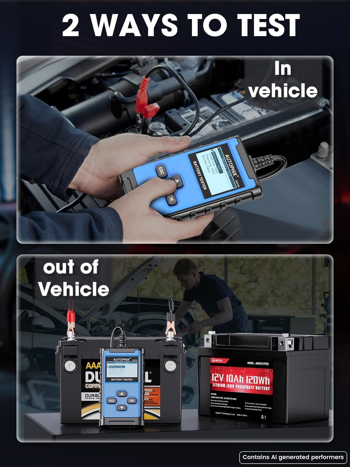 AUTOPHIX BAS100 alongside several vehicle batteries showing broad compatibility