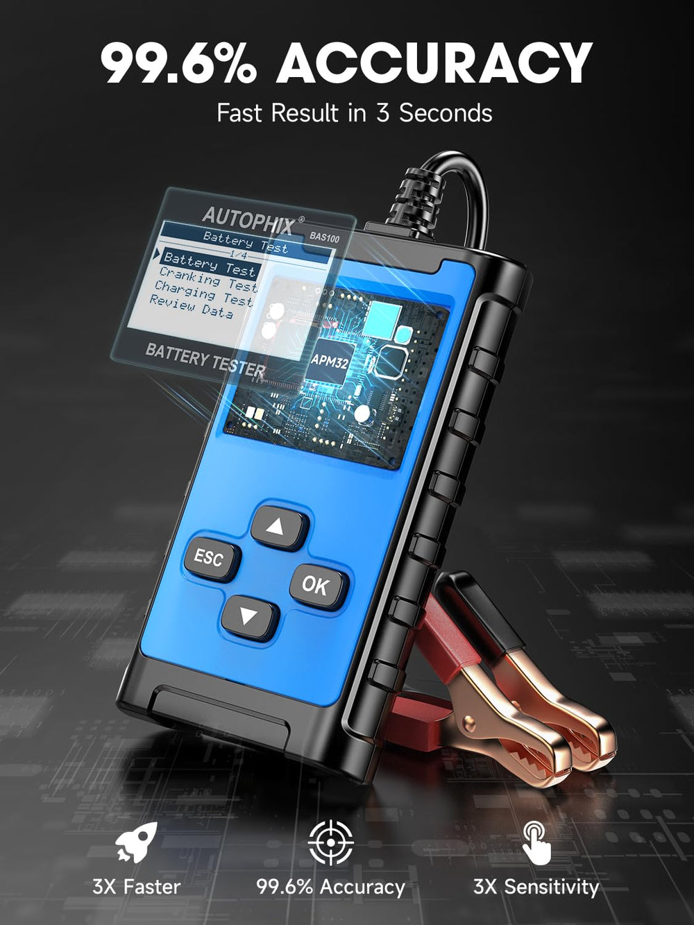 AUTOPHIX BAS100 attached to a car battery demonstrating in-vehicle battery testing