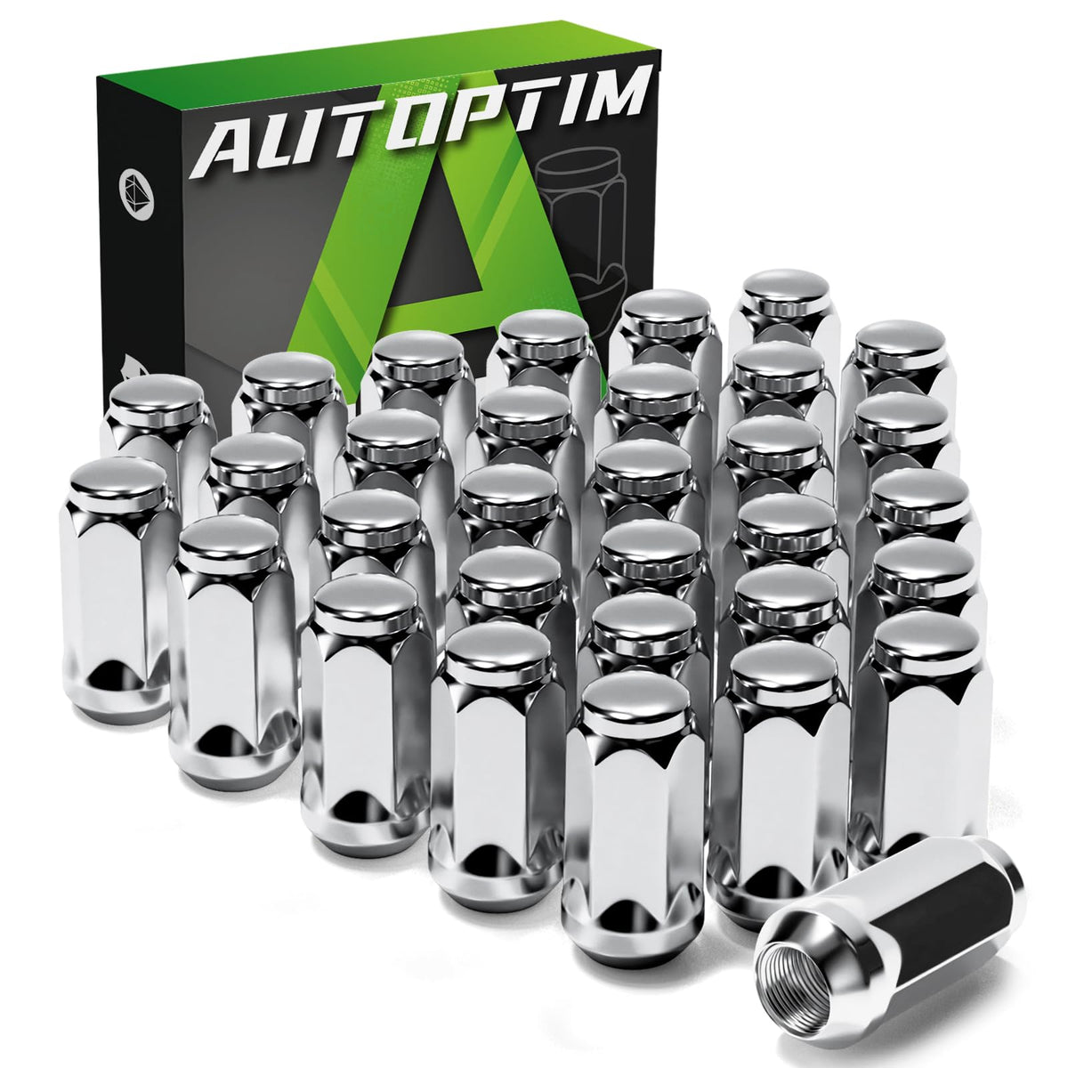 AUTOPTIM front view of chrome lug nuts showing full set and packaging, durable replacement