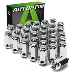 AUTOPTIM front view of chrome lug nuts showing full set and packaging, durable replacement