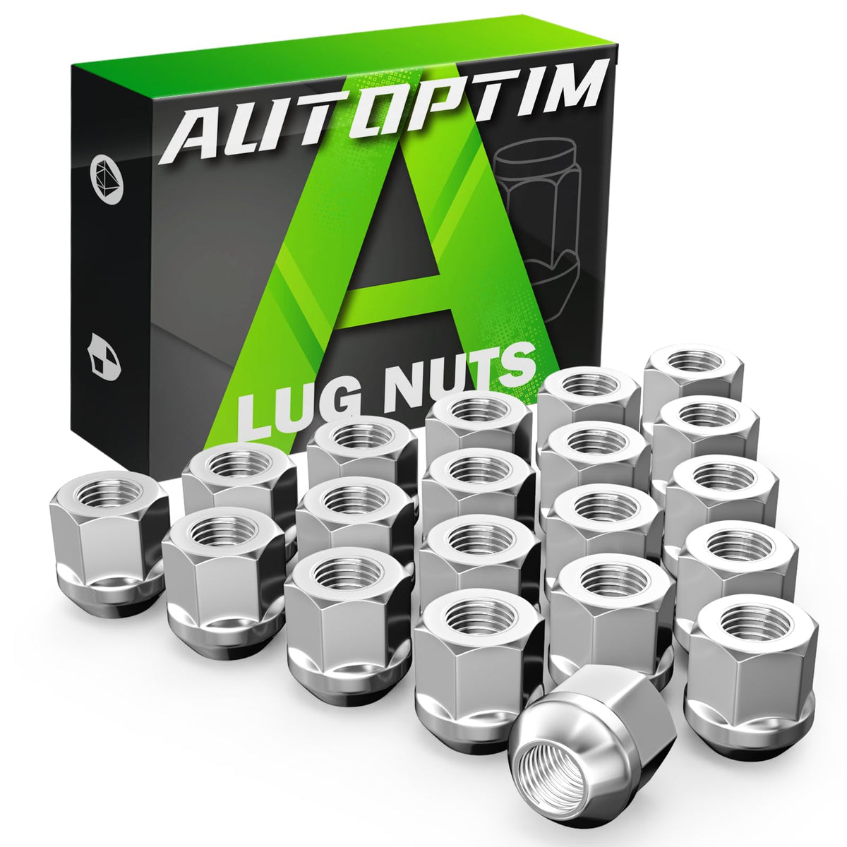 AUTOPTIM front view of 20-piece lug nut set showing packaging and chrome finish benefit