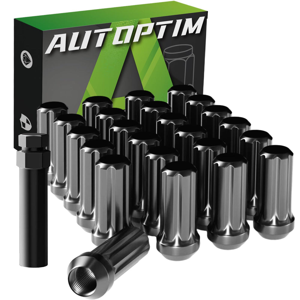 AUTOPTIM front view of 24 black lug nuts showing neat packaging and quantity benefit