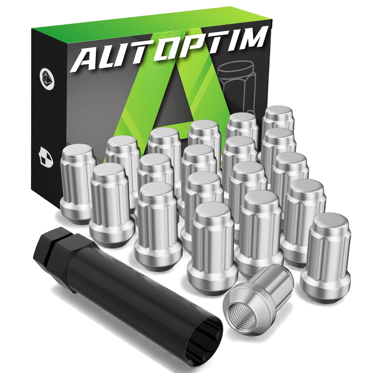 AUTOPTIM front view packaging showing 20 chrome lug nuts and socket, reliable replacement
