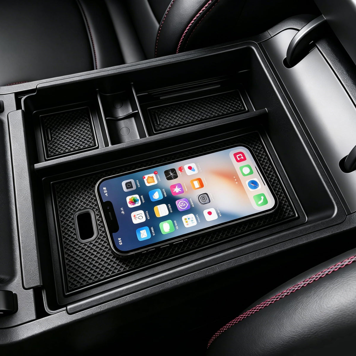 Autorder front view of center console organizer showing neat compartments and added storage benefit