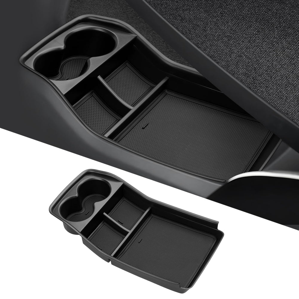 Autorder front view of EV9 center console organizer showing tidy storage and easy access