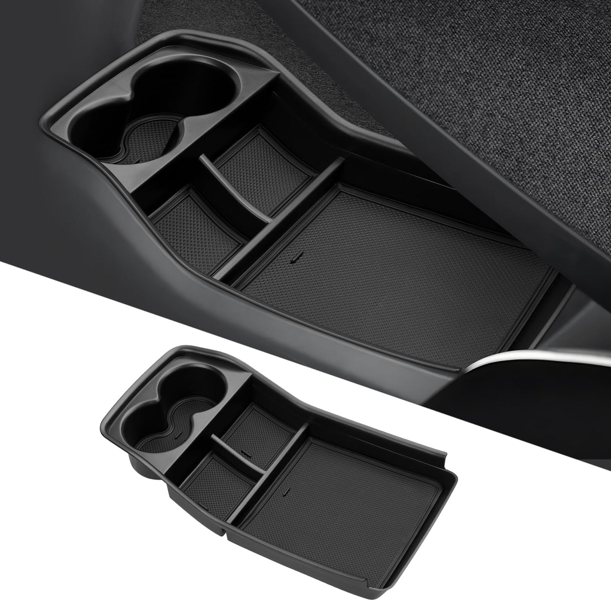 Autorder front view of EV9 center console organizer showing tidy storage and easy access