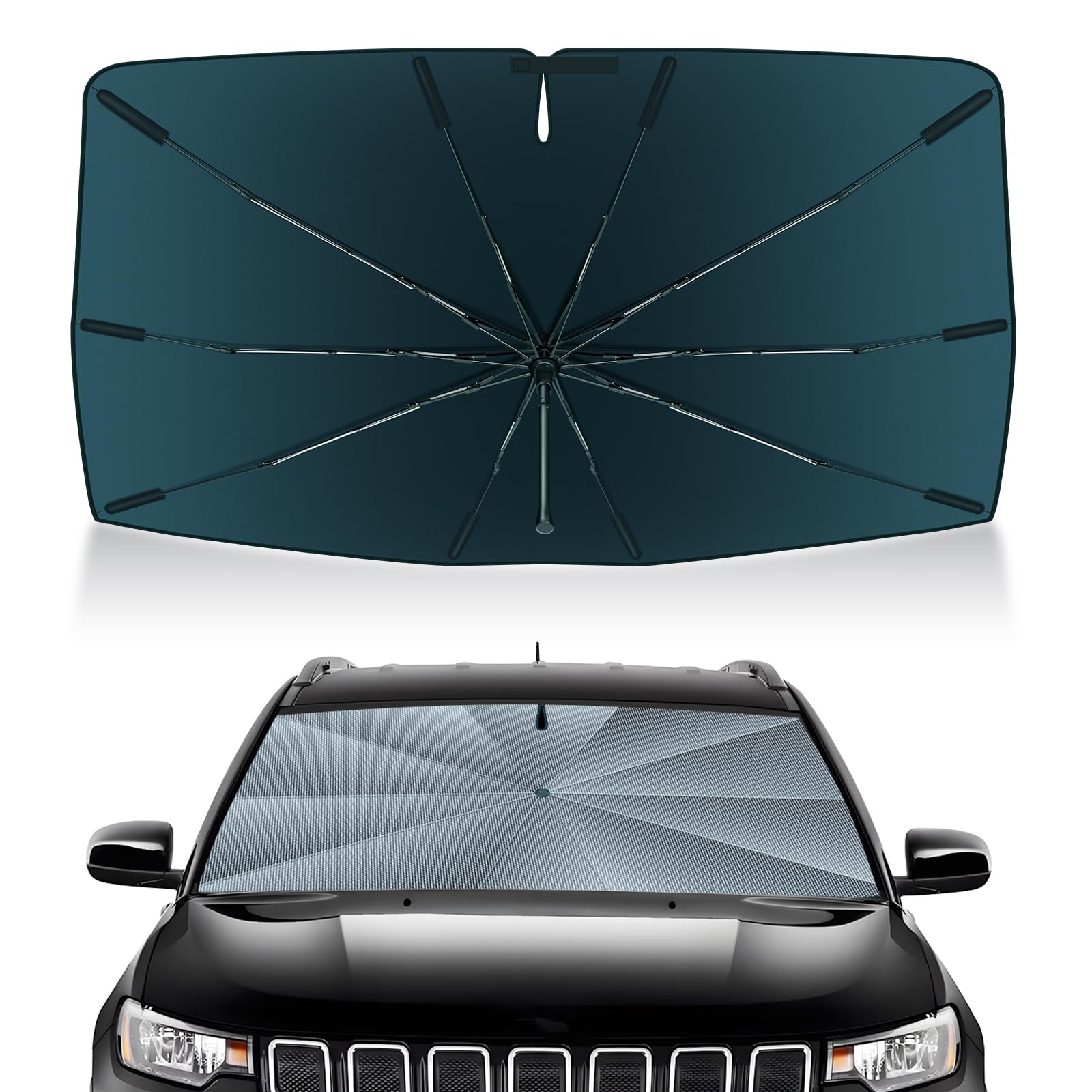 Autorder sun shade front view fitted in Jeep Compass showing full coverage and cool interior