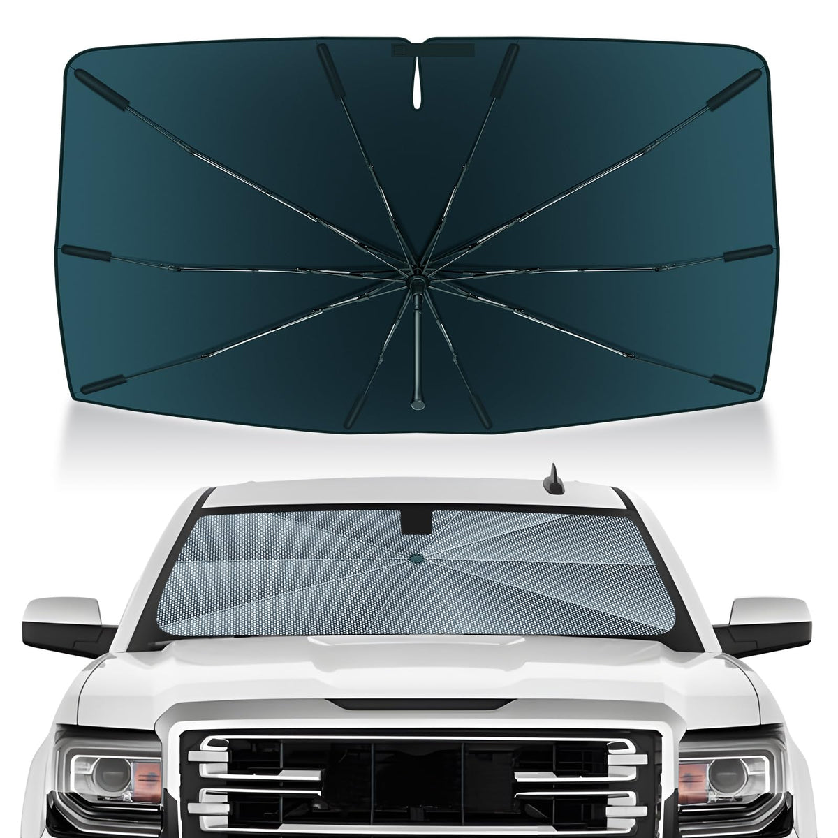 Autorder front view of windshield shade showing full fit benefit