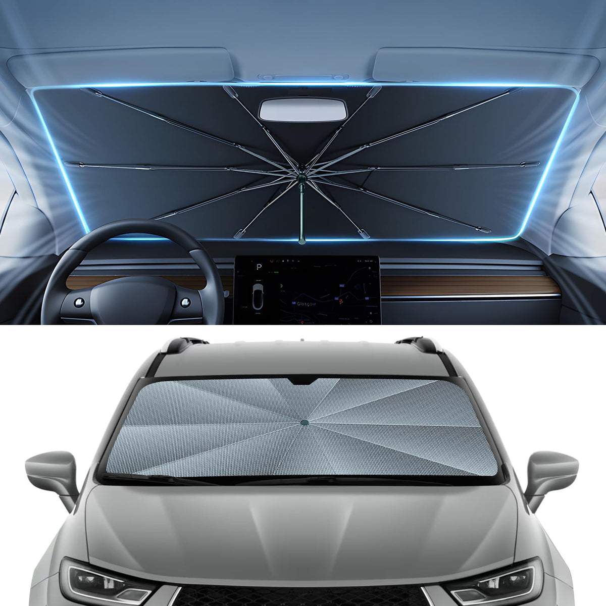 Autorder front view on Pacifica windshield showing full coverage and sun reduction