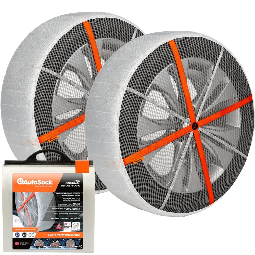 AUTOSOCK front packaging showing pack of two and easy storage benefit