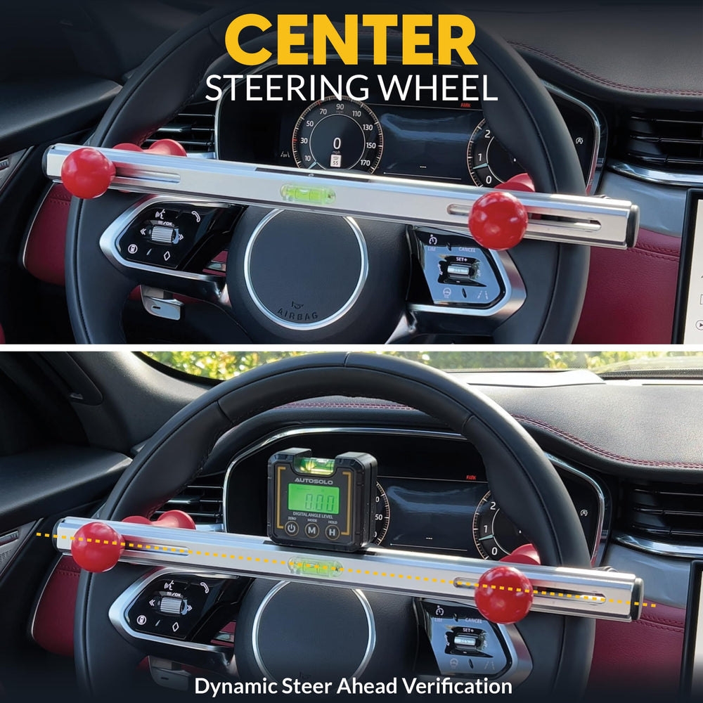 AutoSolo top close-up of magnetic torpedo level, lets driver watch centerline