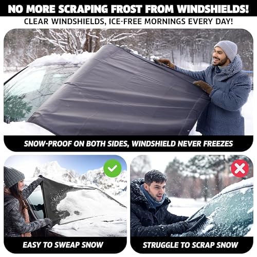 Autovir on parked car in winter driveway protecting windshield from storm