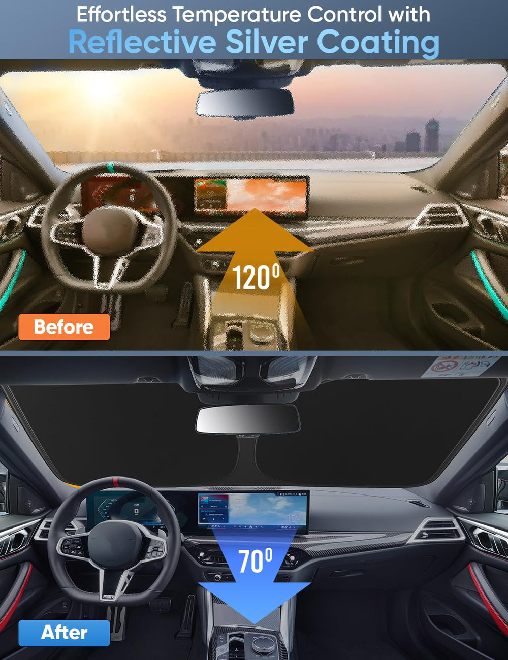 Autovir sunshade next to steering wheel showing precise fit benefit