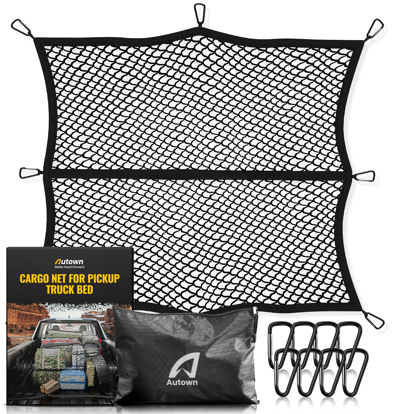 AUTOWN cargo net front view showing full coverage and low profile benefit