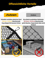 AUTOWN cargo net stretched across pickup bed demonstrating stable load hold