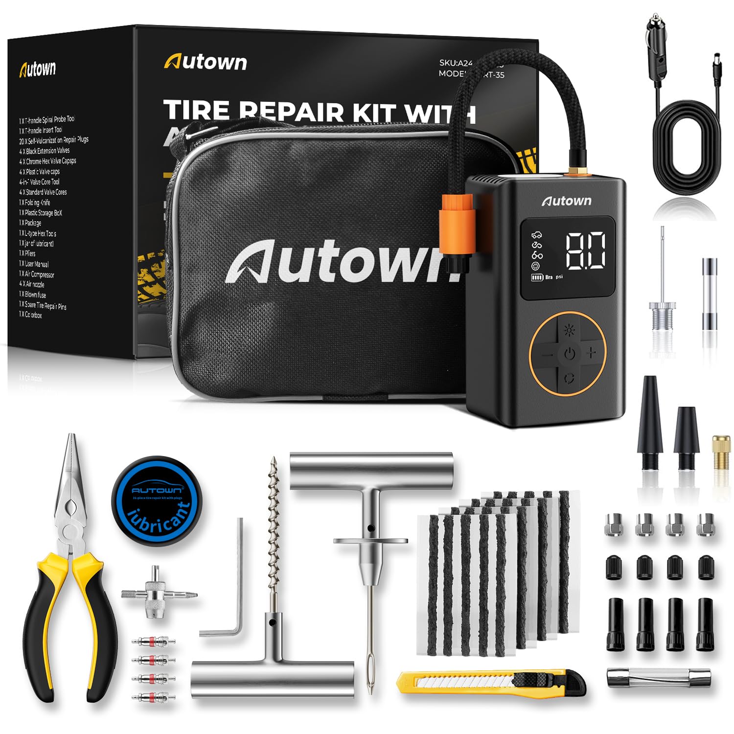 AUTOWN kit front packaging showing compact repair set and inflator benefit: ready roadside fixes
